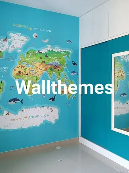 A fun and educational custom world map wallpaper, perfect for a child's bedroom or playroom. The colorful design features continents, oceans, and animals, making learning interactive.