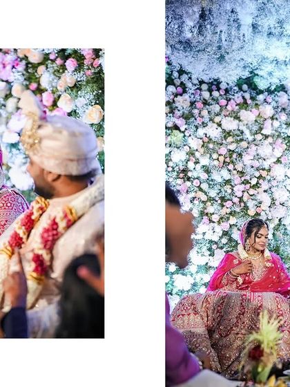 More shots from the same fairytale jaimala, capturing the couple's expressions against the backdrop of a thousand flowers.