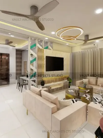 A 3D render of a spacious and luxurious living room. I designed this open-plan area to feel cohesive yet defined, with distinct zones for lounging, dining, and family time.