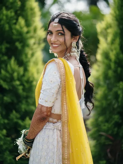 A radiant bride on her Haldi day. Her bright smile as she looks back over her shoulder is infectious, capturing the joyful spirit of the pre-wedding celebrations.