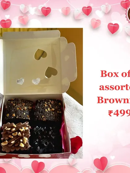 An assorted brownie box specially packaged for Valentine's Day. The box contains four different types of my rich and fudgy brownies, ideal for a chocolate-loving partner.