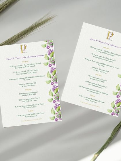 A detailed event itinerary for a 25th-anniversary celebration. The clean layout is framed by the signature lilac floral design, ensuring guests are informed in the most elegant way.
