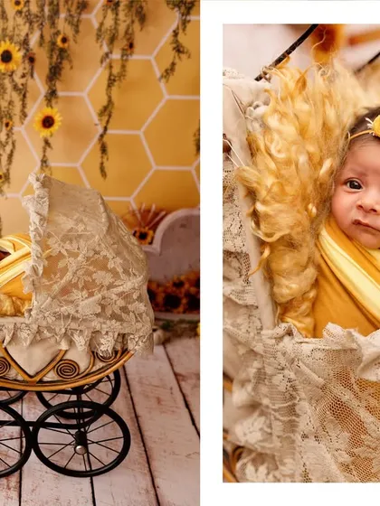 A collage from a sunflower-themed newborn shoot, showing the baby sleeping peacefully in a vintage pram.