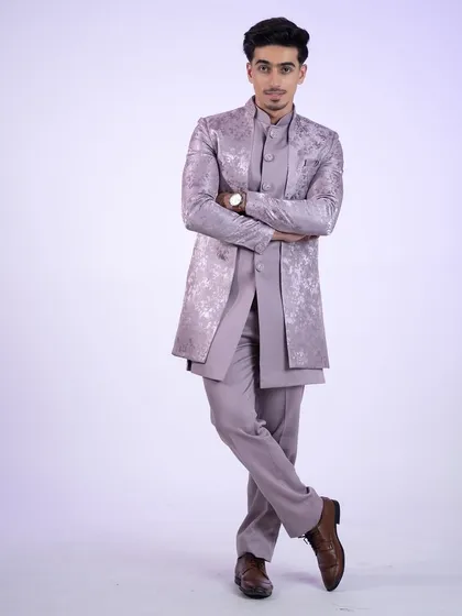 Desi vibes, but make it lilac. This sherwani is a fresh and trendy take on traditional Indian menswear.