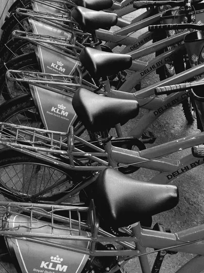A black and white shot of our cycles lined up. The comfortable saddles and reliable build are key to ensuring a pleasant ride through the city.