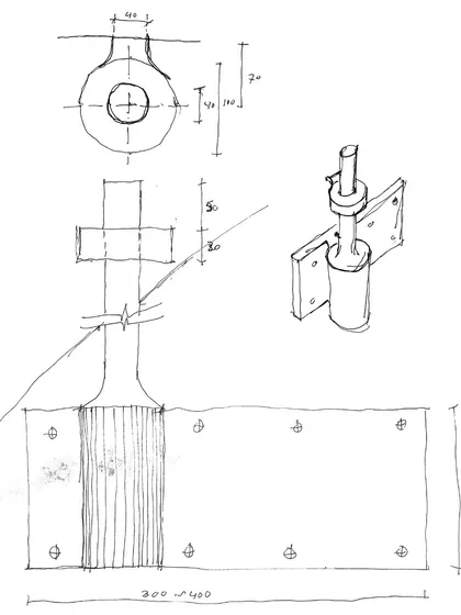 A sketch exploring the design of a custom door hinge. Our design process moves fluidly between hand-drawing and physical mockups to resolve every detail.