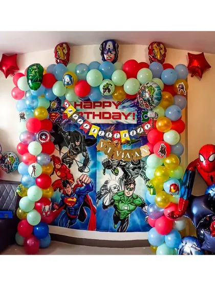 Your little hero's dream party comes to life with our Avengers and superhero theme. This action-packed setup includes a full backdrop of favorite characters, themed balloon columns, and a giant inflatable Spider-Man, creating an immersive world for kids.