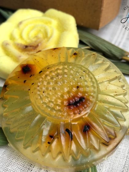 A close-up of the sunflower-shaped "Turloe" soap included in my Diwali gift box. It’s made with turmeric and aloe for a healthy glow.