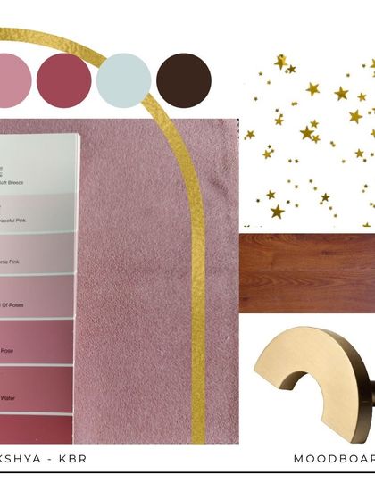 The design journey starts with a mood board. This one for the kid's room in the Lakshya project established the dreamy pink color palette, gold star accents, wood tones, and brass hardware that defined the space's magical feel.