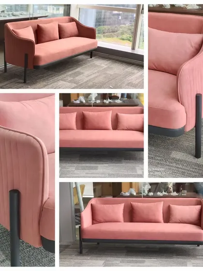 A collage showcasing a beautiful pink velvet sofa with a sleek black metal frame. This piece features vertical pleating on the back and arms, adding a touch of art deco elegance.