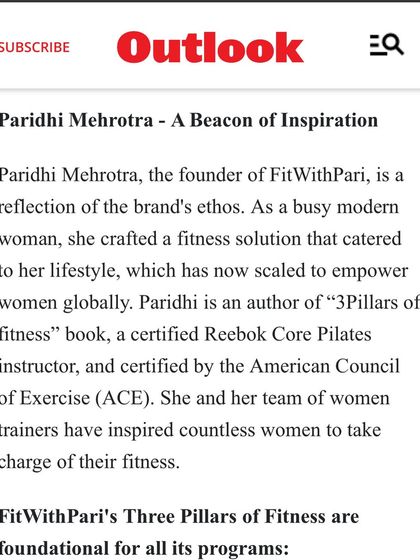 The section of the Outlook article that highlights my background and our "Three Pillars of Fitness" framework. I'm proud to be called a beacon of inspiration.