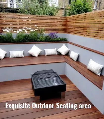 We design and build custom seating solutions that maximize space and style. This concept features an L-shaped bench built into the planter wall, with a fire pit and wood decking to create an exquisite and functional outdoor seating area.