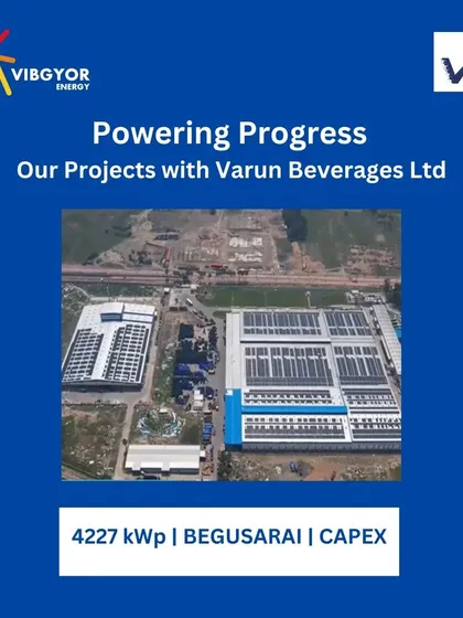 An aerial view of the 4227 kWp CAPEX project under construction in Begusarai for Varun Beverages Ltd. We manage every stage of the project, from design and procurement to construction and commissioning.