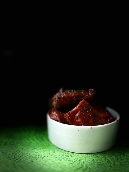 A close-up of my signature Bharwa Lal Mirch. The rich red colour comes from the chillies themselves, not from any artificial colours.