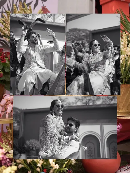 A fun and energetic black and white collage from a Haldi ceremony, proving that moments of pure joy are just as powerful without color.