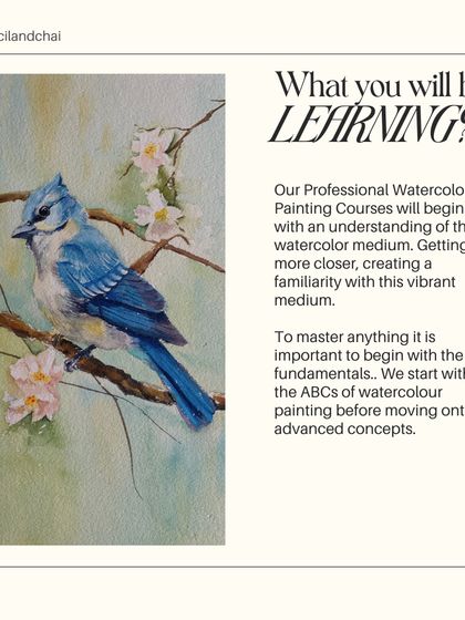 Our courses begin with the fundamentals. You will learn the ABCs of watercolor painting, from understanding the medium to creating beautiful, detailed artworks like this bluebird.