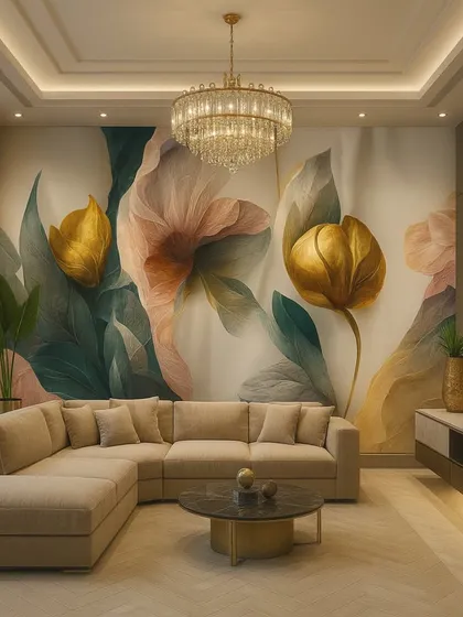 This modern floral wallpaper features stylized golden tulips against a soft, abstract background. The design is both artistic and luxurious.