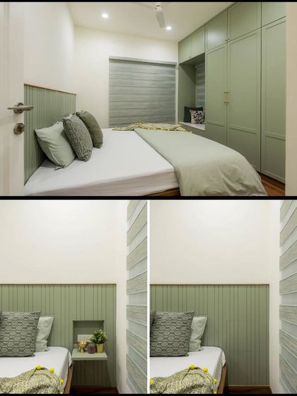 A collage showcasing the details of the sage green bedroom, including the hidden bedside table and the full-length wardrobe with a window seat.
