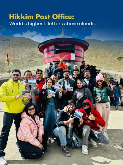 Here's the crew at the Hikkim Post Office, the world's highest. Sending a postcard from here is a unique experience that's a core part of my Spiti road trip itinerary.