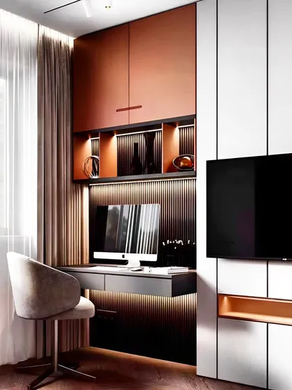 This sophisticated workspace is integrated into a bedroom wall unit. The design features warm copper-toned cabinets, backlit shelving, and a floating desk, creating a luxurious and functional office corner.