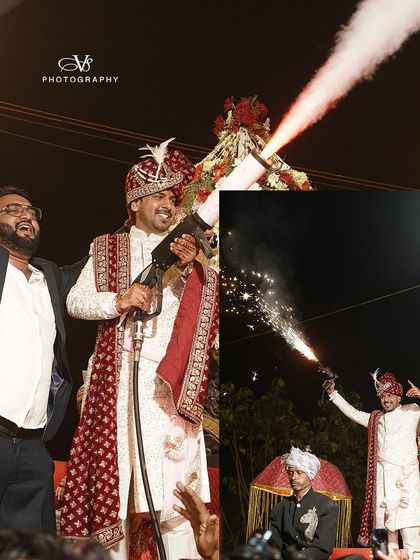 A fun and celebratory collage of the groom's entry, capturing his excitement as he uses a confetti gun to kick off the festivities.