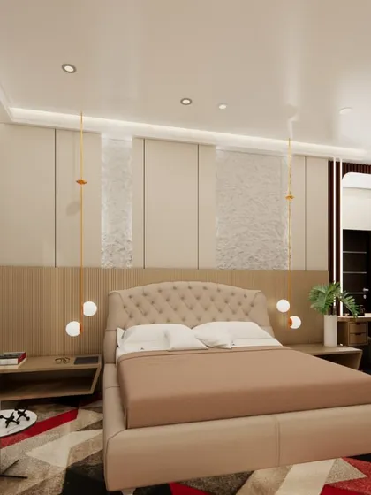 Warmth and elegance define this hotel guestroom design. I used soft beige tones, cozy mood lighting, and a tufted headboard to create the ultimate retreat, ensuring every detail contributes to a feeling of comfort and luxury.