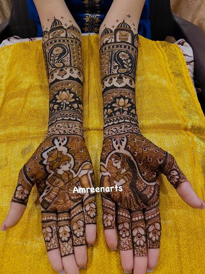 A classic depiction of a bride and groom, each on one palm, surrounded by royal motifs like palace windows and peacocks.