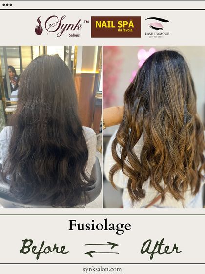 A side-by-side before and after of a Fusiolage hair colour transformation. We took frizzy, undefined hair and gave it a smooth, beautifully coloured, and styled finish.