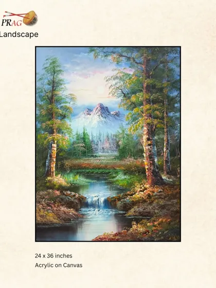 A classic landscape painting of a mountain stream, its lush greenery and cascading water creating a scene of natural tranquility.