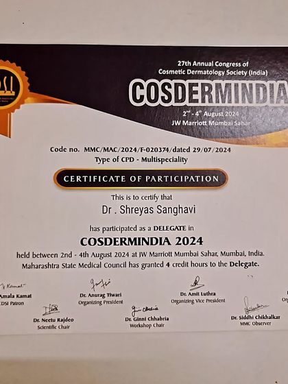 My certificate of participation from the 27th Annual Congress of Cosmetic Dermatology Society (India). Continuous professional development is key to providing the best possible care.