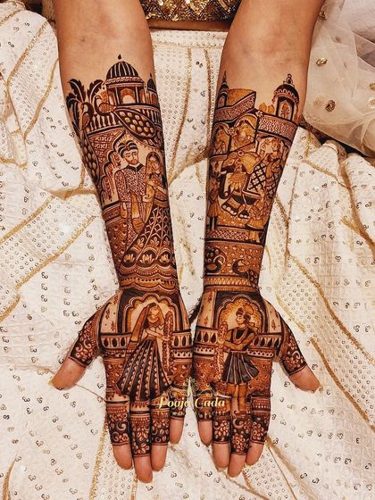 A vibrant bridal mehendi featuring scenes from a city wedding, with dancing figures, a couple portrait, and architectural elements.
