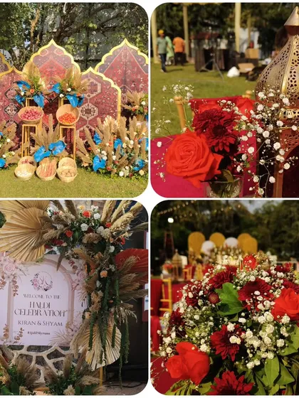 This collage showcases the details of an Arabian-themed Haldi. You can see the Moroccan-style lanterns, deep red floral centerpieces, and a custom welcome sign, all coming together to create an immersive and exotic experience.