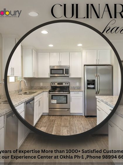 This culinary haven concept shows a classic American-style kitchen with white shaker cabinets, a granite countertop, and stainless steel appliances.