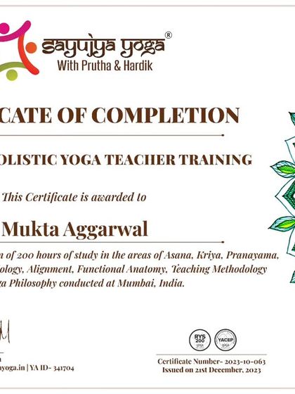 Certificate of completion for a graduate of our 200-hour Holistic YTTC in Mumbai.
