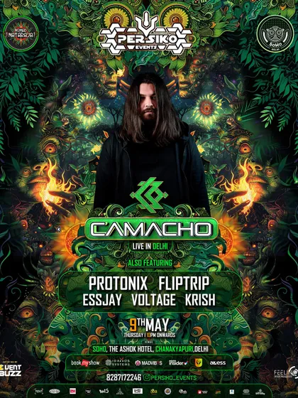 The main flyer for the Camacho event at Soho, Delhi, showcasing the full lineup of supporting homegrown talent.