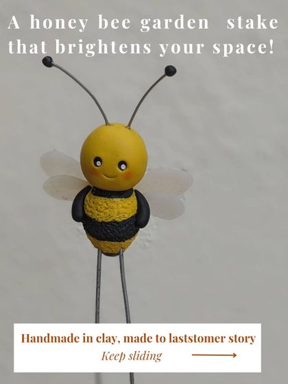 A honey bee garden stake that brightens your space. Each one is made to last, bringing a cheerful vibe to your balcony or indoor pots.
