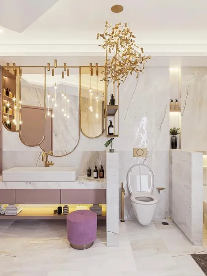 A master bathroom concept with a soft, feminine touch. The design features a pink vanity, inverted arch mirrors, and a stunning gold floral chandelier.