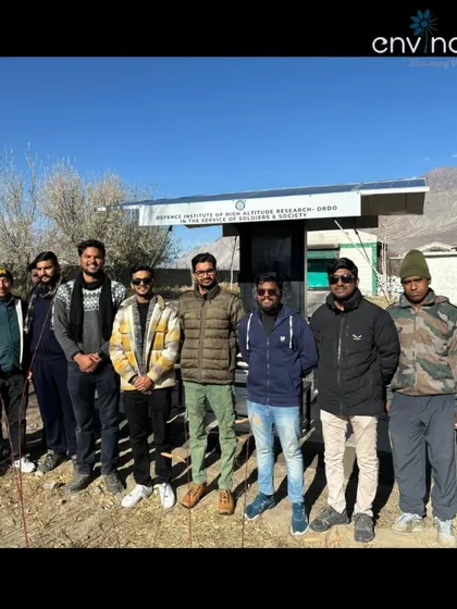 Our dedicated installation team stands with army personnel in front of the newly installed solar hut at the DIHAR-DRDO campus in Leh. This project was a true collaboration, showcasing our commitment to serving the nation.