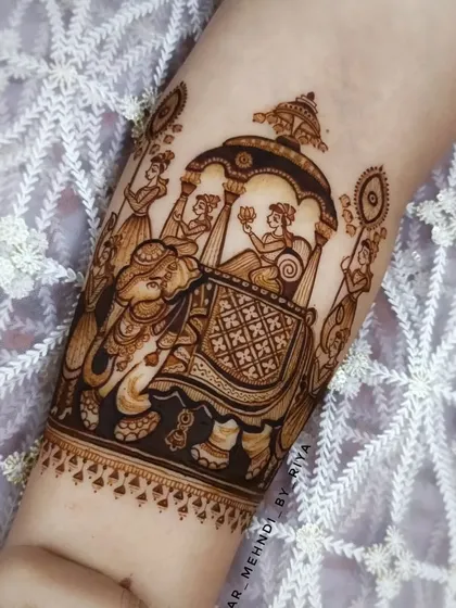 A grand baraat scene on the forearm, showing the groom arriving on a beautifully decorated elephant, surrounded by his procession.