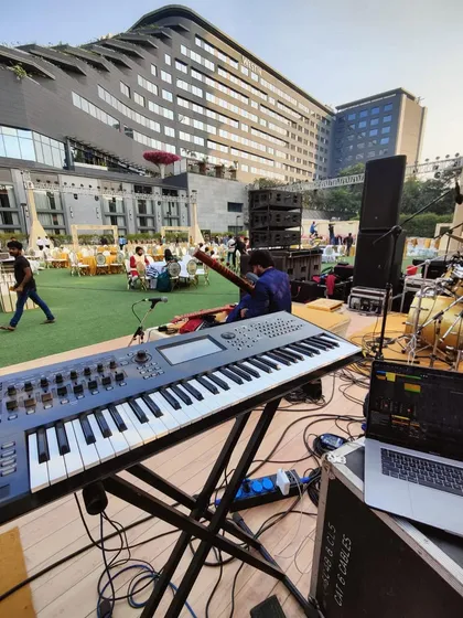The view from the stage during an outdoor soundcheck in Pune. We are equipped to perform in any setting, whether it's an indoor ballroom or an open-air lawn.