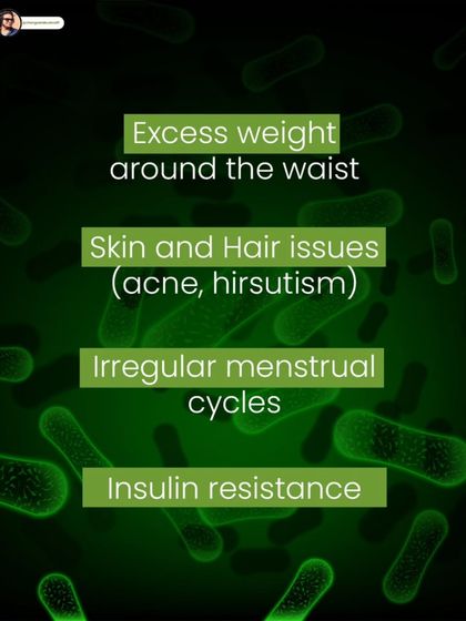 This graphic lists four signs of chronic inflammation in PCOS, including excess weight around the waist, skin and hair issues, and irregular cycles.
