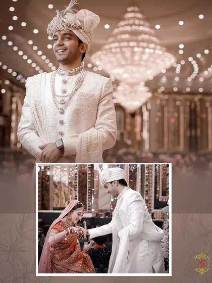 A collage showing the groom's happy expression and a tender moment with his bride during the wedding ceremony.