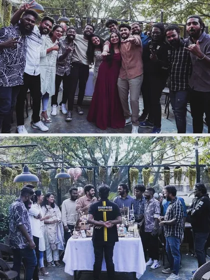 Tag your squad with whom you want to celebrate our Time Travel Experience. A group of friends posing happily around their surprise setup.
