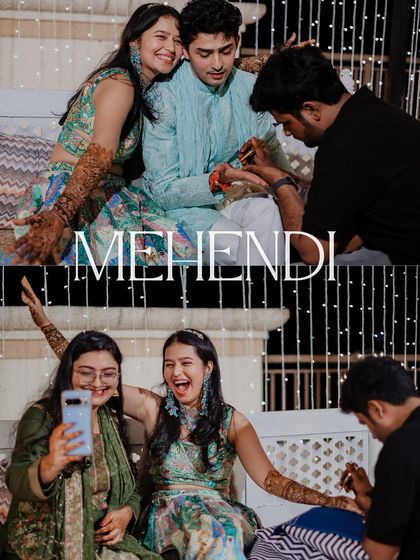 A collage of candid moments from the Mehendi, showing the couple sharing a laugh and the bride taking a selfie with her friend.