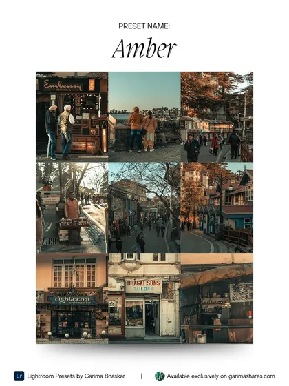 This is a glimpse into my 'Amber' preset collection. It's designed to give your photos that warm, golden, and slightly nostalgic feel. Perfect for street photography, travel shots, and creating a consistent, professional look for your feed.