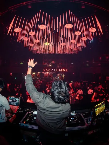 A fish-eye view of the incredible architecture and packed dance floor at Vagalumme, Goa. My goal is to fill every corner of the venue with sound and energy, creating a truly immersive clubbing experience.