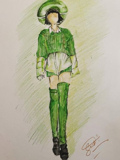 One step at a time. A colorful fashion illustration exploring a monochromatic green look with bold accessories.