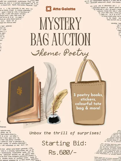 Our 'Mystery Bag Auction' with a poetry theme. This was a chance to bid on a curated bag of 3 poetry books, stickers, a tote bag, and more.