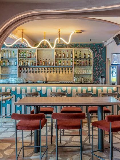 An identical shot of the bar area at Hangover. The design is a great example of our experimental approach to color, materials, and form in hospitality projects.