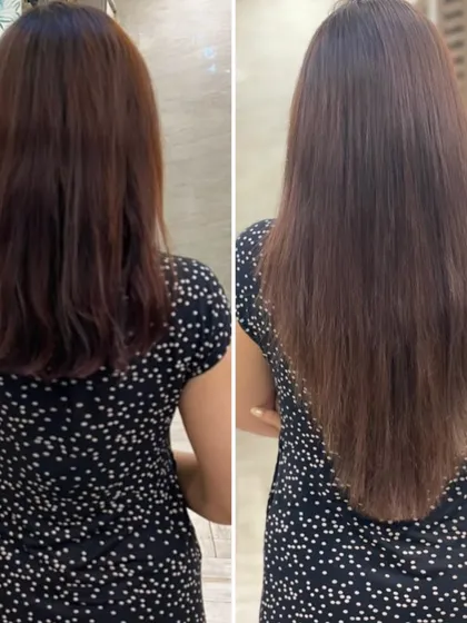 A simple yet powerful transformation. By adding extensions, we created a fuller and longer version of her natural hair, resulting in a healthy and well-maintained appearance.